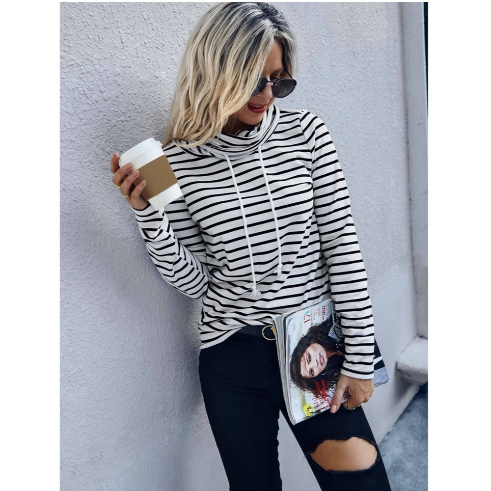 Striped Long Sleeve Tee Shirt White Black Drawstring Neck - Picture 2 of 5